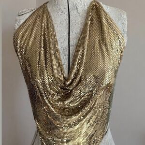 Vintage Disco METAL MESH HALTER top Original 70s WHITING and DAVIS Goldtone